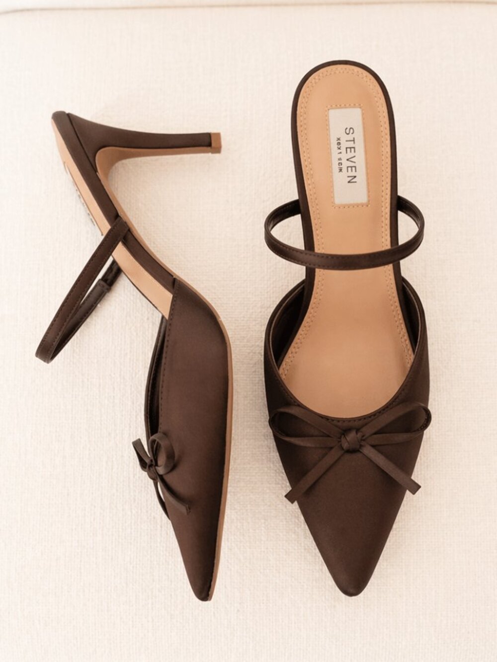 Steve Madden Brown Satin Strap Mule Heels Bow Detail Pointed Toe Size 8 NEW